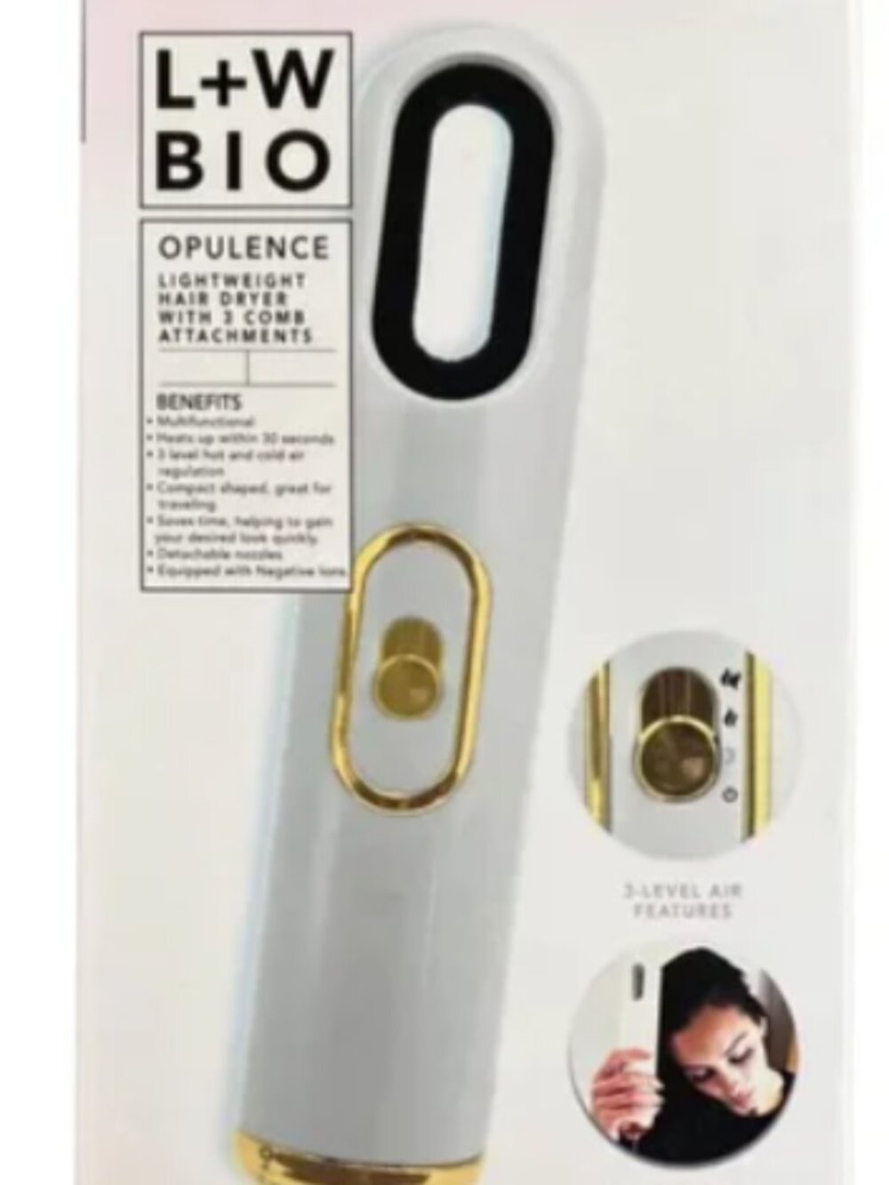 L+W BIO Opulence Lightweight Hair Dryer 3 Comb Attachments